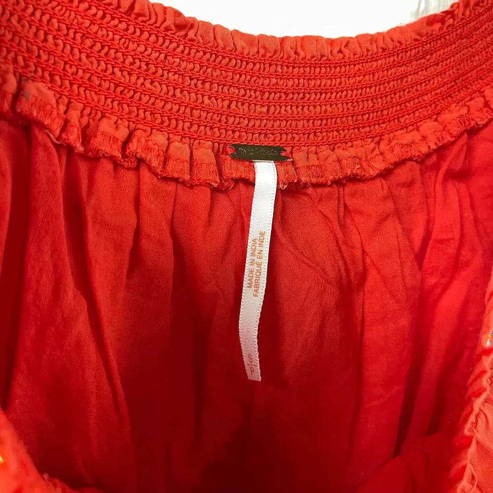 Free People Sunbeams Mini Dress S Embroidered Floral Peasant Red Bohemian